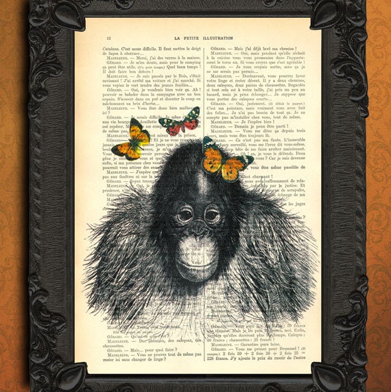 Baby orang utan monkey print - butterflies dictionary page french book page altered art dictionary page illustration book print