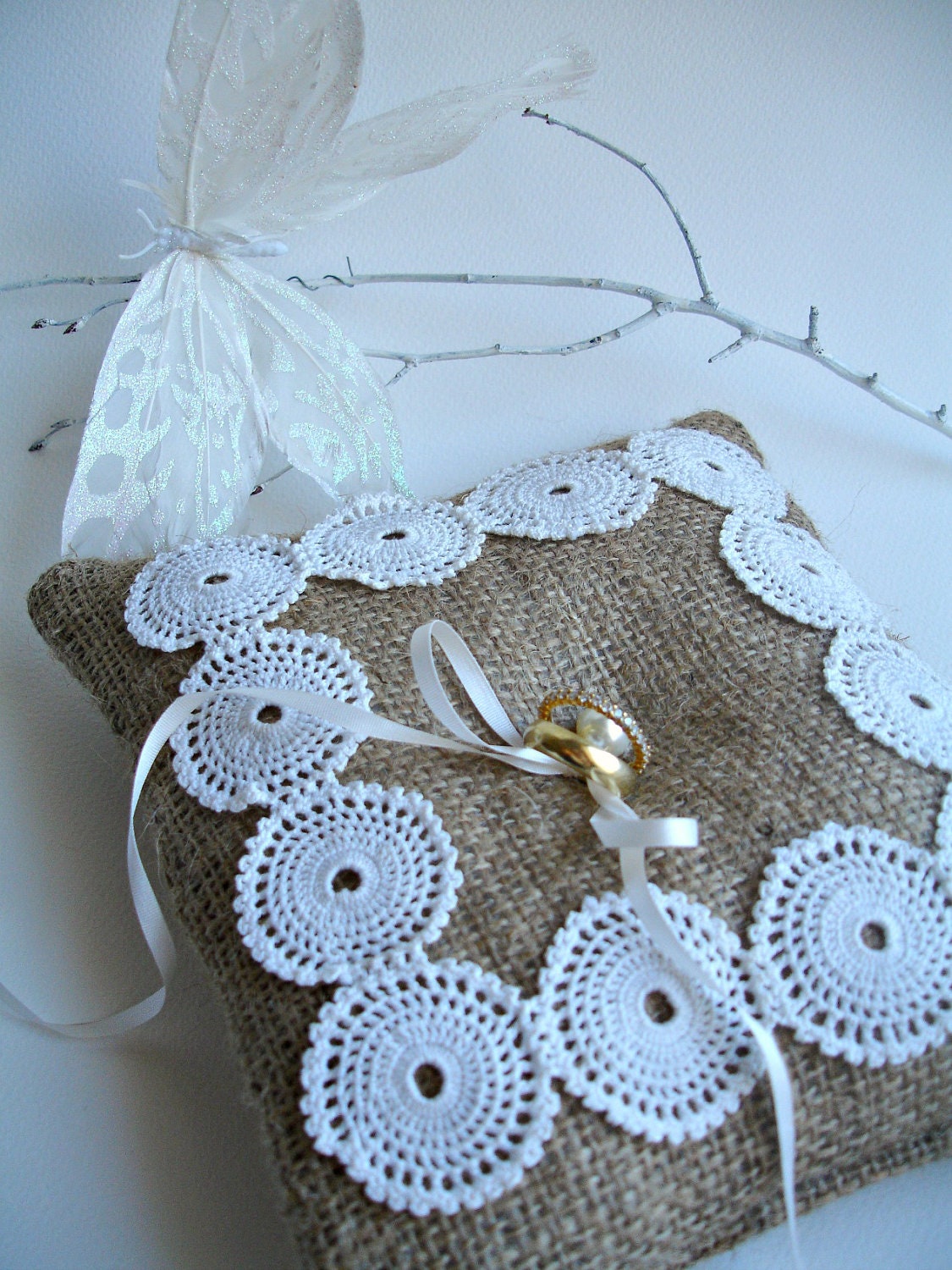 Ringbearer Pillow with Burlap and Handcrocheted Vintage Doily