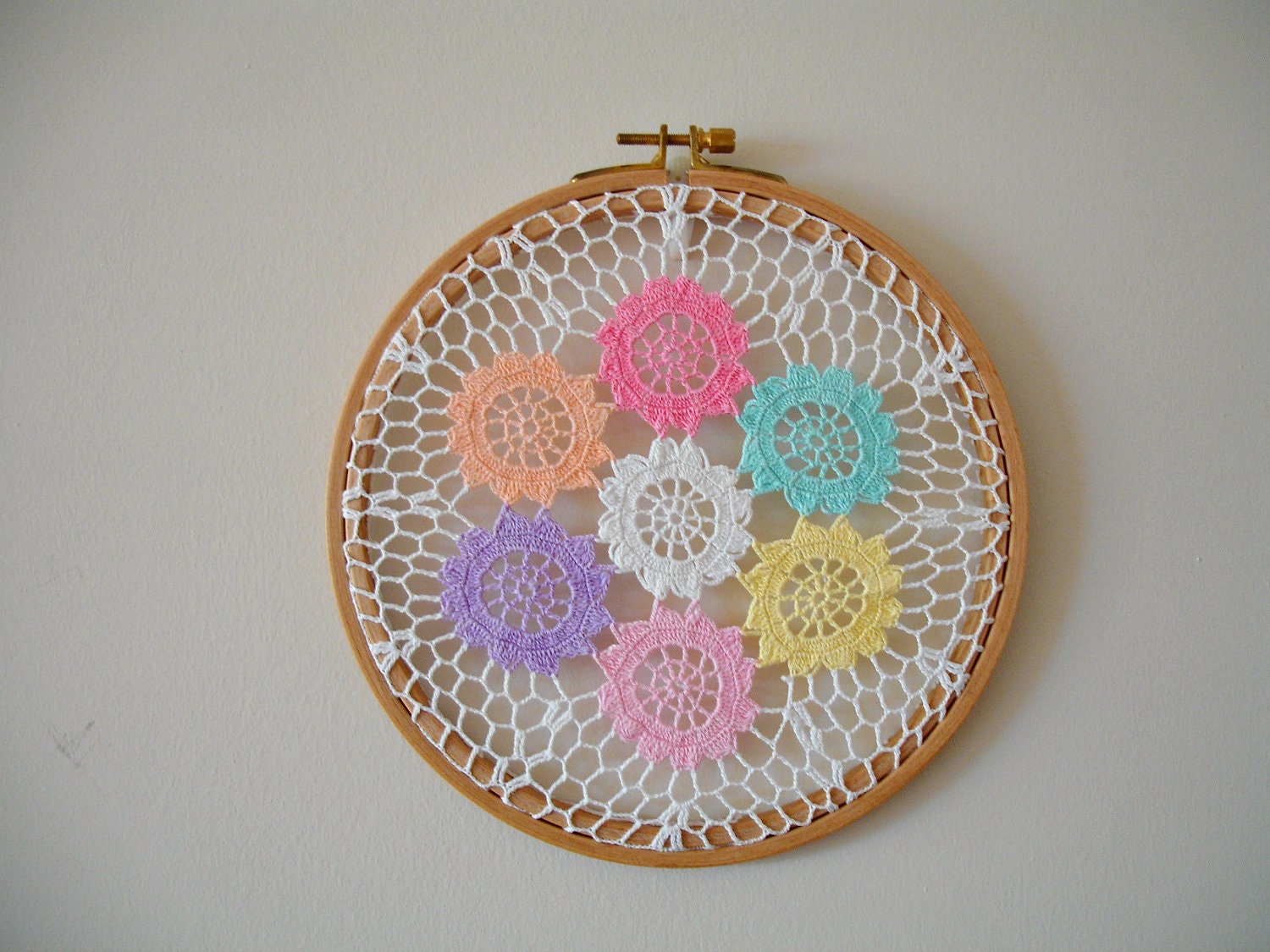 Hoop Wall Hanging , Nursery Decor With Handcrocheted Vintage Doily