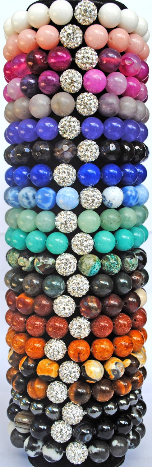 Semi Precious Beaded Gemstone Bracelet with Pave Crystal Rhinestone Bead