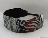 Womens Headband, Reversible Headband, Red and Gray Dragon Print Reversible Headband