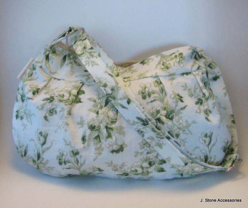 Women's Purse, Pleated Purse, Pleated Hobo Purse with Adjustable Strap in White and Green Rose Print
