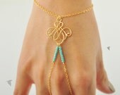 SALE 10% SHOP // Cable Chain with Chandelier Wire Pendant with Turquoise Seed Beads, Wrist and Finger, Heart Chain Extension, Bracelet