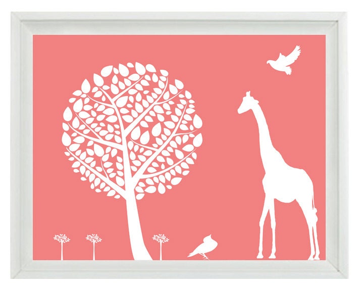 Giraffe Nursery Wall Art Print  8x10 - Bird Tree Silhouette Pink White Children Kid Girl Room Custom Home Decor