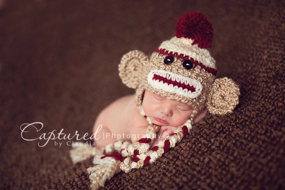 Baby Boy Hat CUTE Newborn Baby Boy or Girl  Crochet knit Sock Monkey Hat With Ear Flaps 0 3 6 months