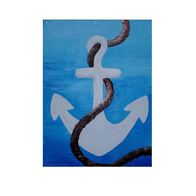 Anchor with rope in water, original painting, nautical nursery wall art