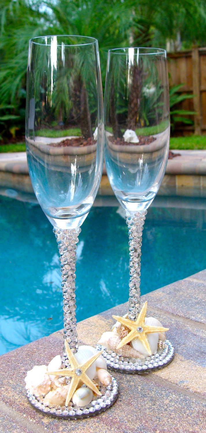 Toasting Glasses Swarovski Crystal Shell Starfish Champagne or Wine