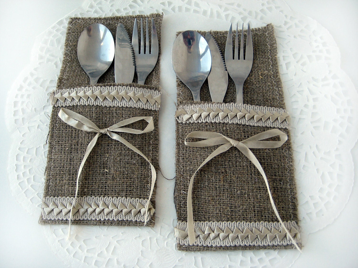 Set of 6-Burlap Silverware Holders , Rustic table decor