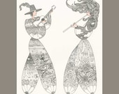 Duet. Playing music together, wild and natural, close, warm, happy, joyful, original art print.