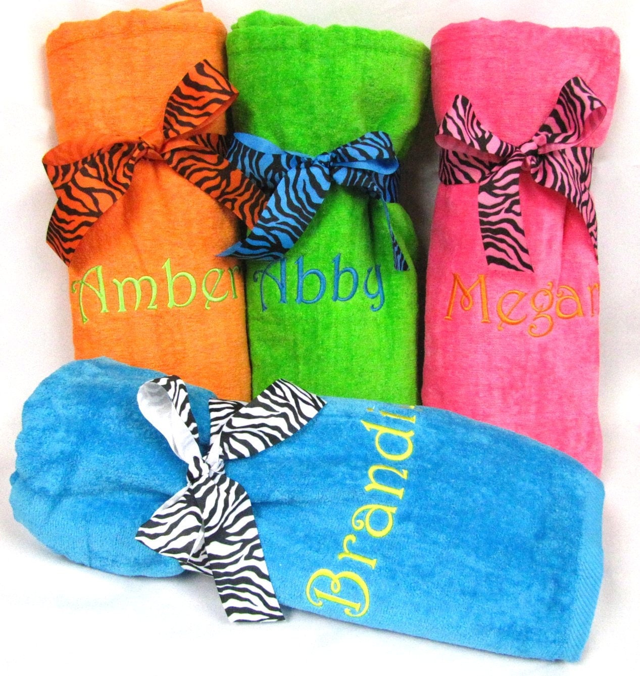 Zebra Ribbon Monogrammed Beach Towels by PremiereEmbroidery