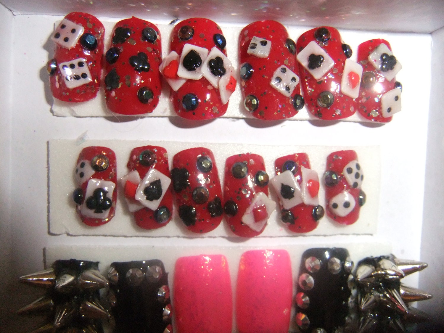 Las Vegas Casino black & red Japanese style False/Fake Full cover Nails with 3D acrylic dice and playing cards