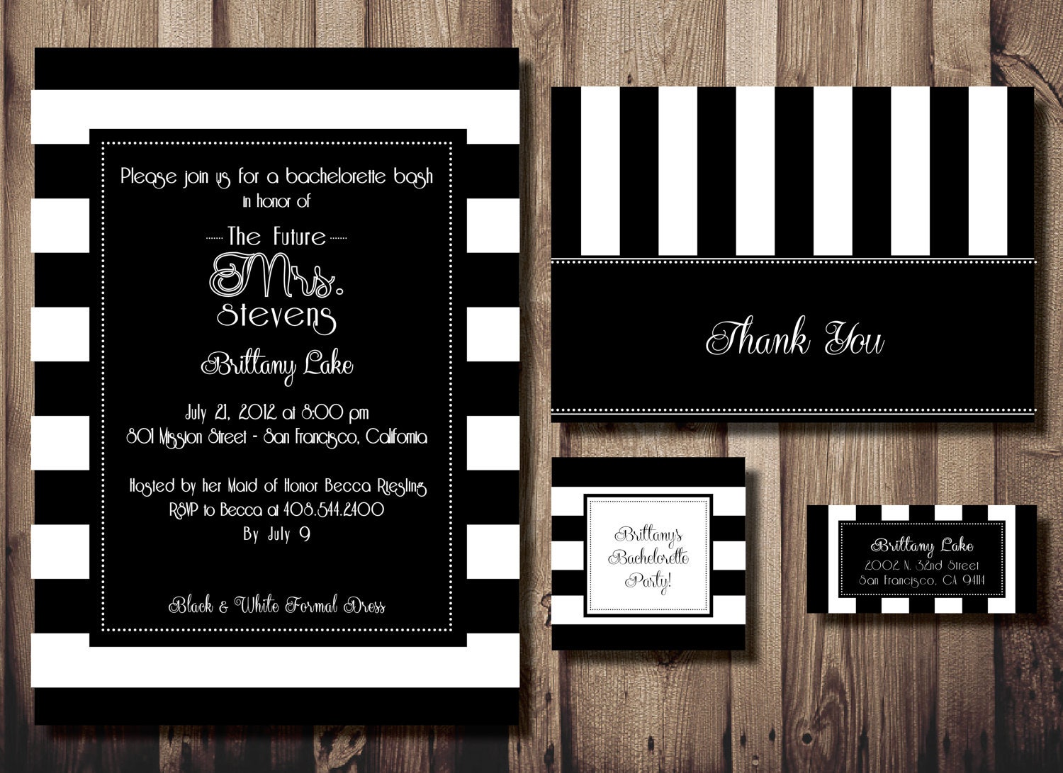 Bachelorette or Birthday Party Invitation Stationery Set of 20 - French Black & White Striped - Invite,Thank You, Favor Tags, Address Label