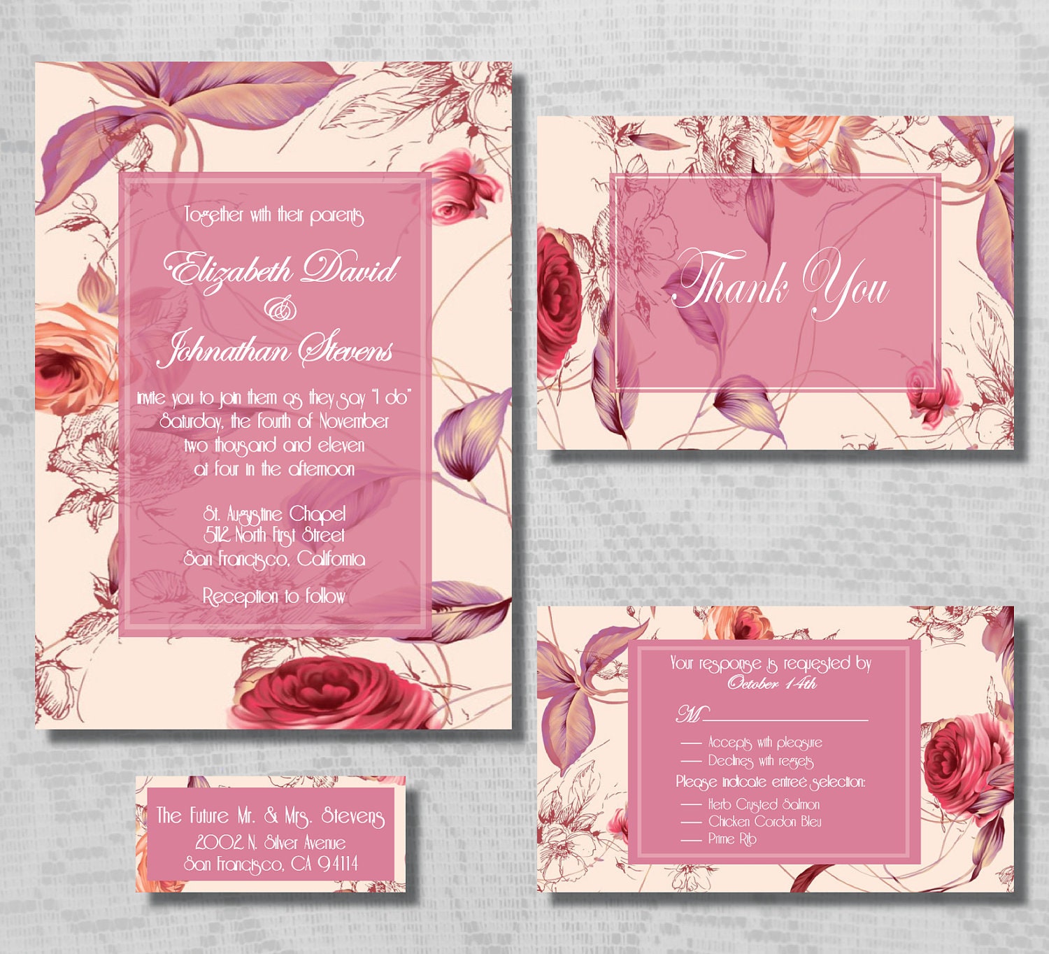 DIY Printable Wedding Bridal Invitation Stationery Suite - Vintage Floral Rose Pink Flower Print - Invite,Thank You,RSVP Card, Save the Date