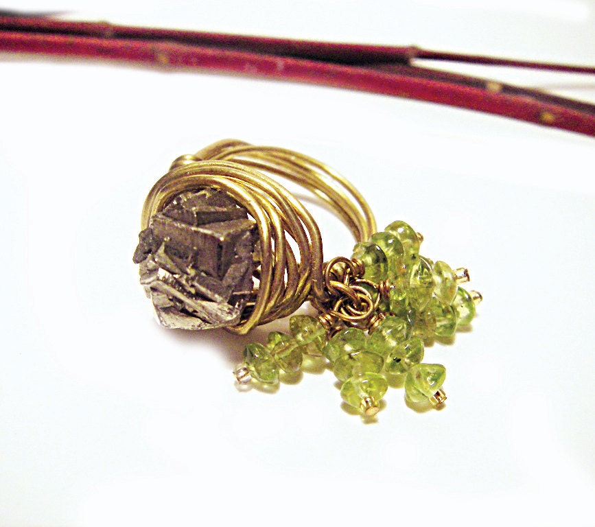 Pyrite Olivine green Peridot ring Wire Ring Dandle Branches Ring botanical motives rustic wire wrapped jewelry  Israeli art