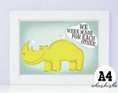 A4 print (8.2 x 11.7 inch) cute retro style illustration with rhinoceros, bird and quote we were made for each other, hand drawn, original