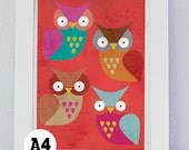 print  A4 (8.2 x 11.7 inch) lovely colorful hand drawn illustration with four owls, perfect home decor when framed