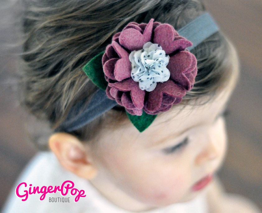 Felt Flower Headband - Fall Plumb Ruffle Flower Headband for Babies, Toddlers, or Adults - 100% Handmade with Wool Felt