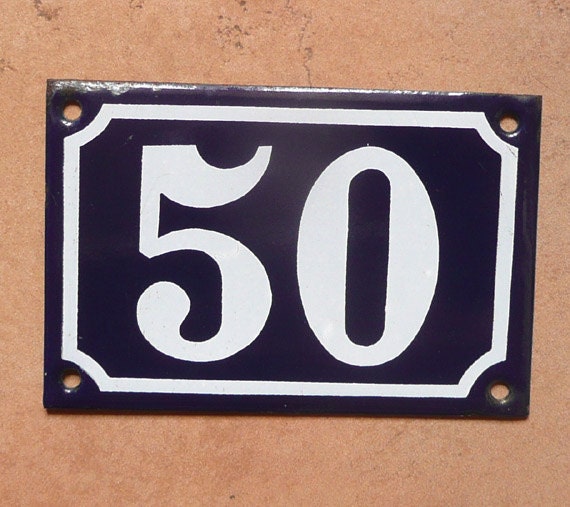 vintage French house number Fifty 50 enamel blue by onemansjunque
