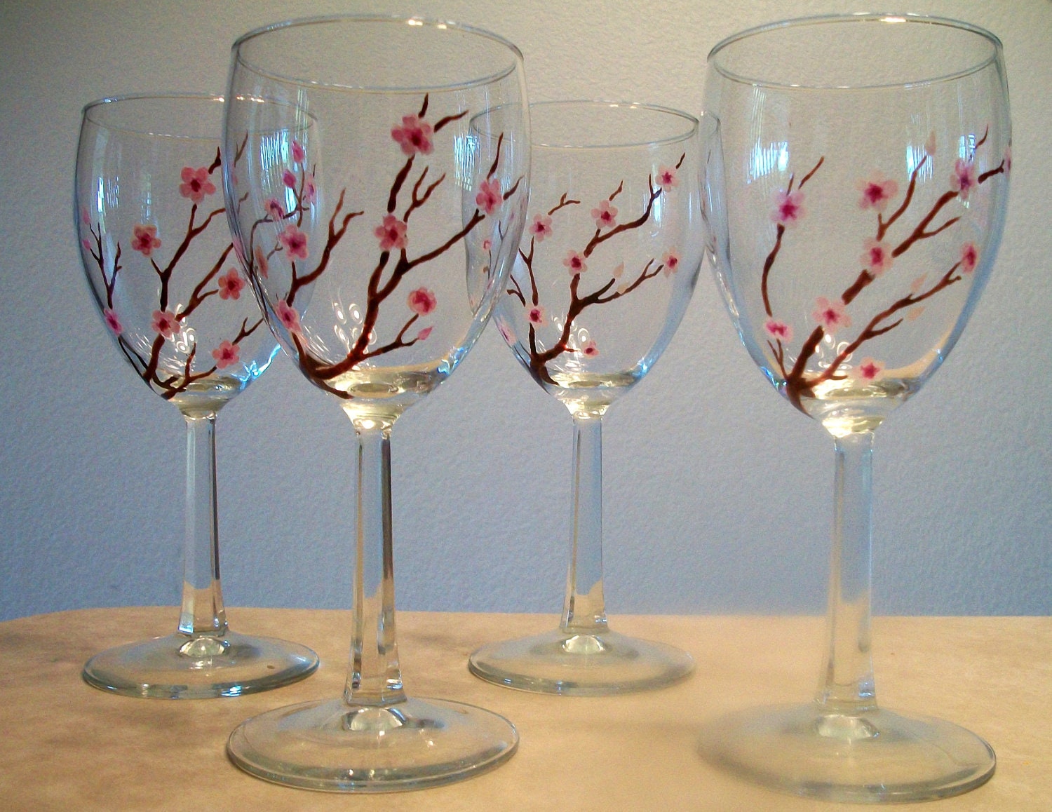 Cherry Blossom Wine Glasses, Set of 4, Hand Painted