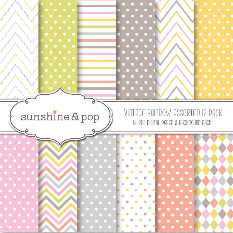 INSTANT DOWNLOAD - Vintage Rainbow Patterns 12 Pack polka dots chevron stripes for scrapbooking, stationary, invitations, paper crafts Il_570xn
