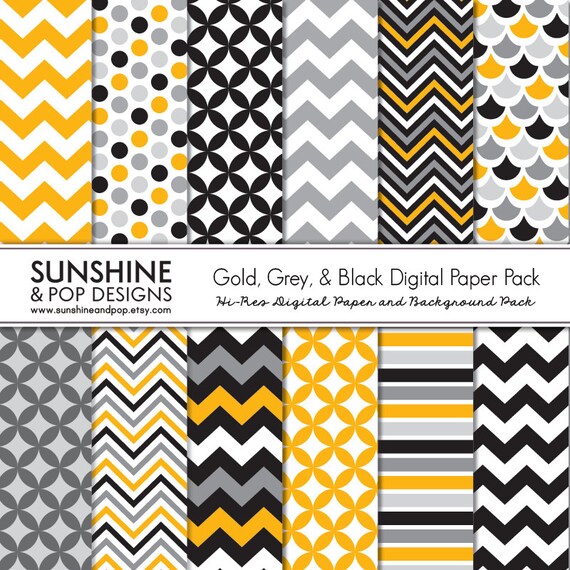 INSTANT DOWNLOAD - 12 Digital Papers Gold Grey Chevron and Patterns Pack - polka dots chevron stripes for scrapbooking, backgrounds Il_570xn