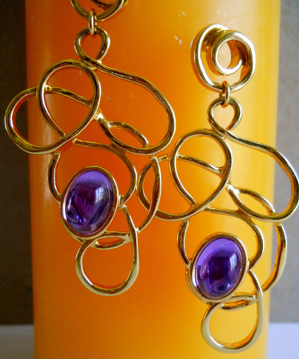 Vintage Modernist Earrings Purple Amethyst Glass 2-7/8" Long c.1970's