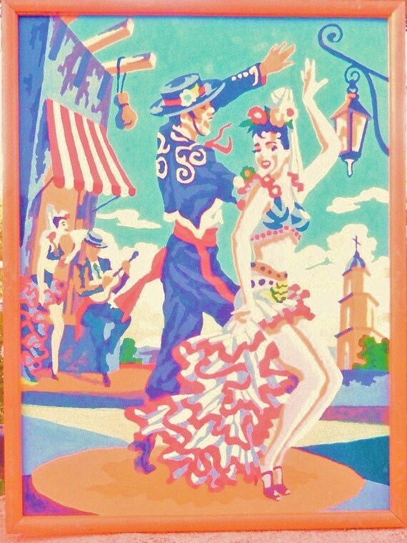 VINTAGE OIL PAINT By Numbers Mid Century Flaminco Dancers Colorful 12 x 16 ready to ship