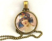 10% SALE Necklace Vintage Pin Up Girl 1930 Retro Gorgeous Copper Art Pendant Gift
