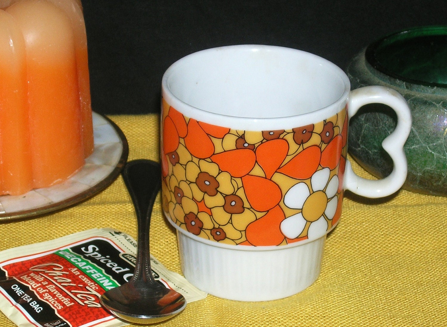 retro Hippy Flowers coffee mug, Orange, goldenrod, brown Kitchen, gift for best freind, FREE US shipping...