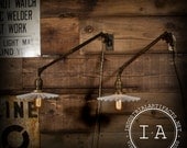PAIR Vintage Industrial OC White Telescoping Wall Mount Lamps w/ Antique Petticoat Shades