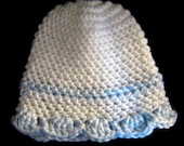 Crocheted blue and white newborn boy hat