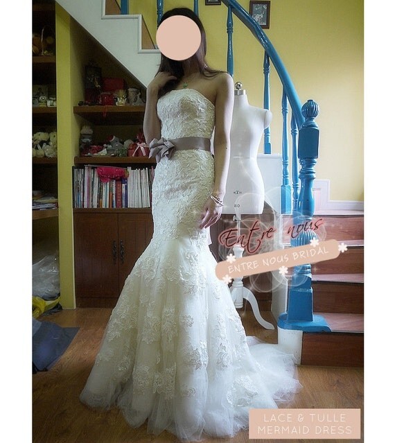 Custom Ivory Lace Tulle Strapless Mermaid Wedding Dress Gown