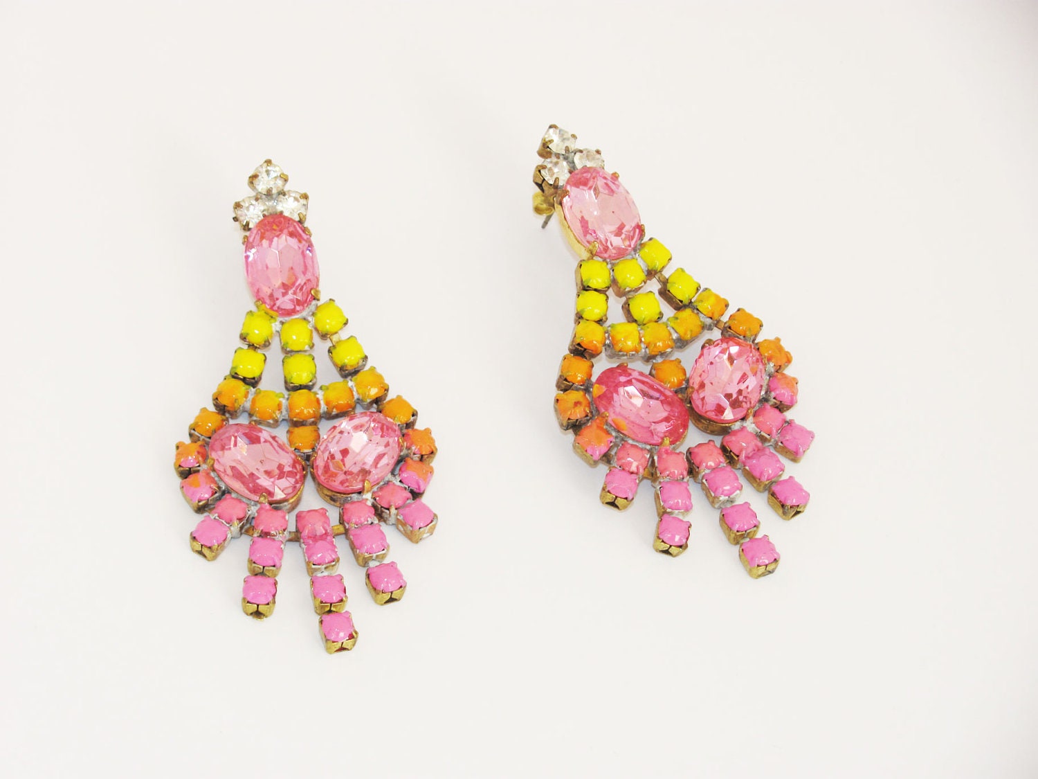 MADE TO ORDER hand painted chandelier statement dangle earrings in pink, orange and yellow gradient.