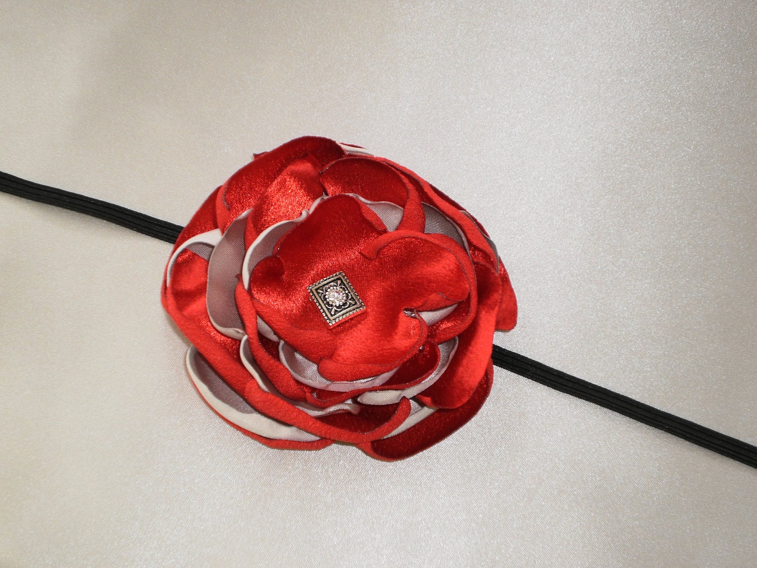 OSU, Gorgeous Handmade Scarlet and Gray Satin Flower, Baby Headband, Girl Barrette, The Ohio State University