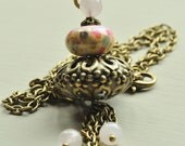 Lampwork, Filigree & Rose Quartz Pendant Necklace UK Seller