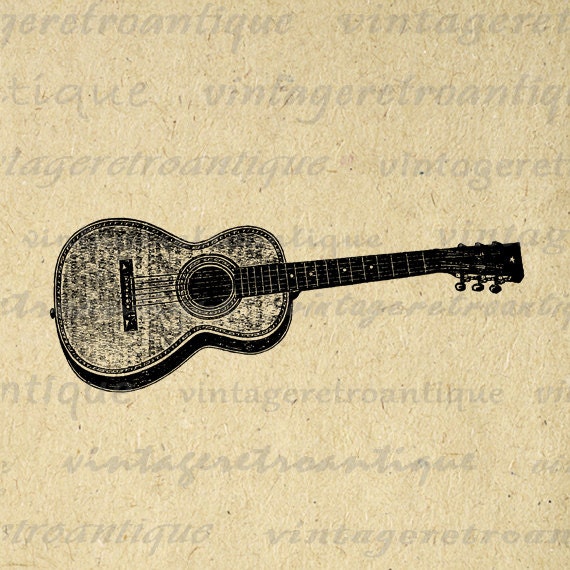 Antique Acoustic Guitar Graphic Printable Digital Music Image Illustration Download Artwork Vintage Clip Art HQ 300dpi No.1098