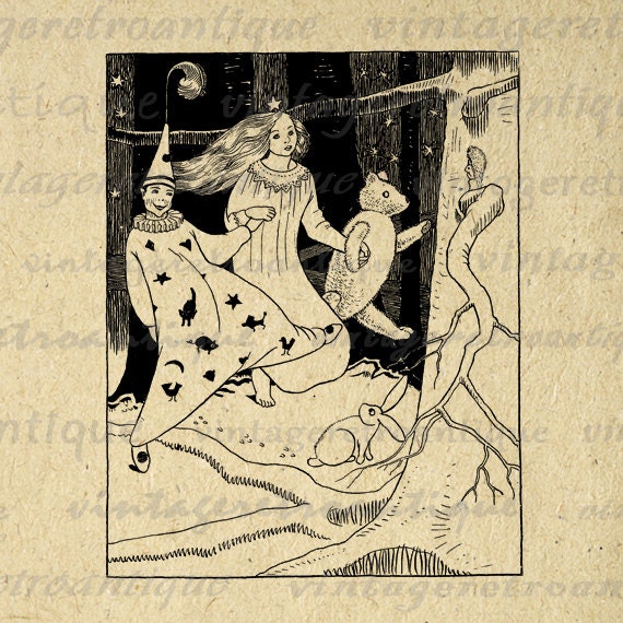 Girl with Clown and Teddy Bear Digital Graphic Printable Download Image Antique Clip Art for Transfers Making Prints etc HQ 300dpi No.2387