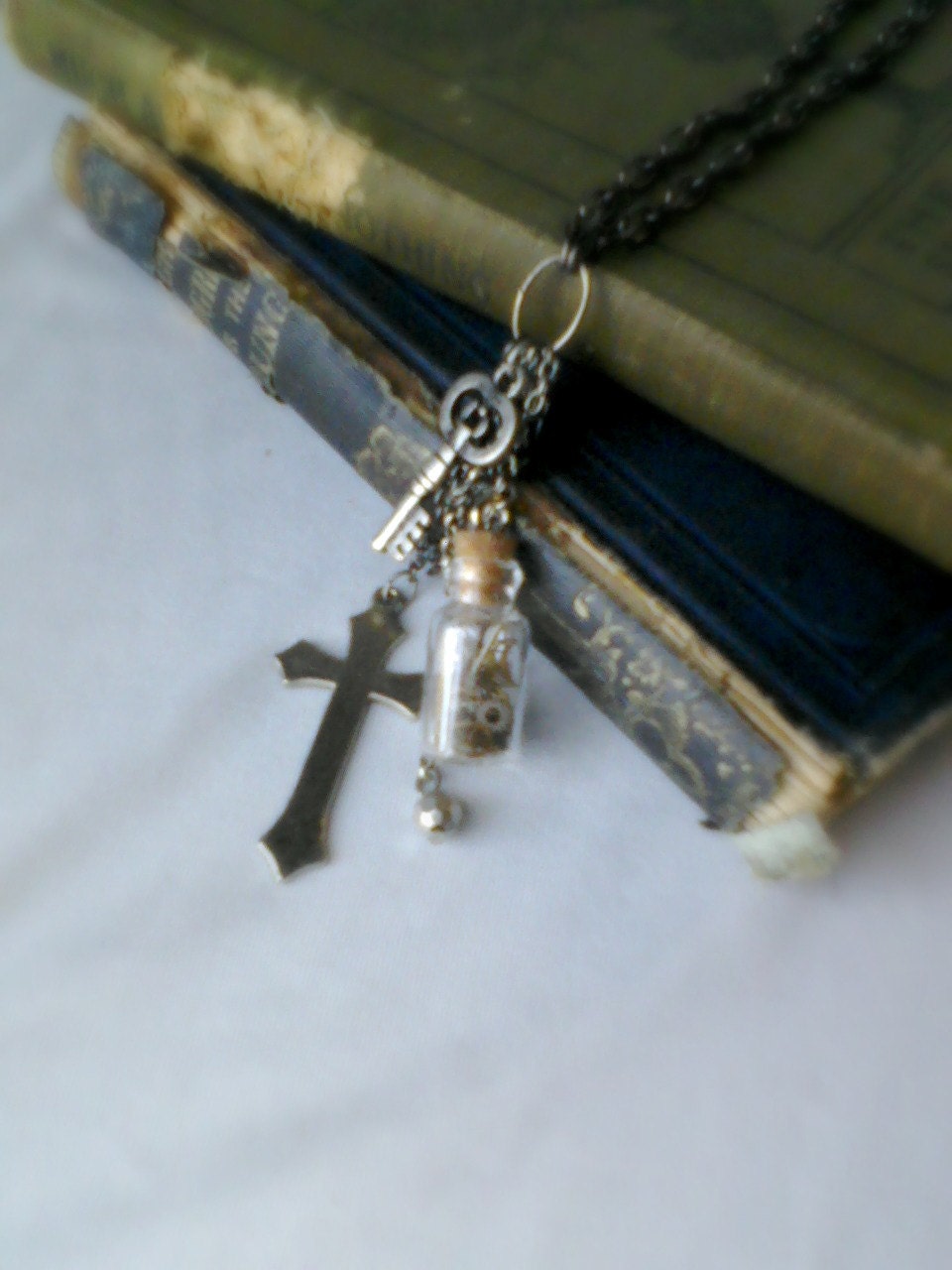Time in a bottle, silver cross, antique silver tone key, Charm necklace, antique inspired, unique