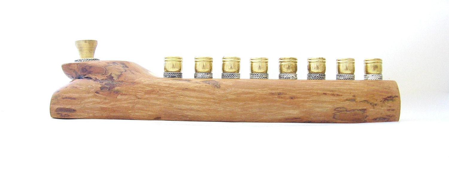 Wooden Menorah, with Fine Silver and Brass pedestals OOAK