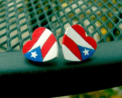 Puerto Rican flag colored heart shaped wooden post earrings