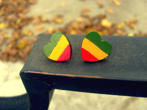 Caribbean colored heart shaped wooden post earrings.