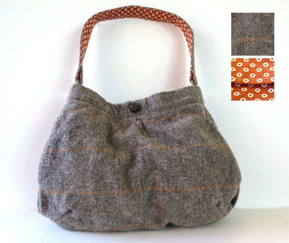 HOBO BAG from upcycled wool skirt - Camel and Cream with a hint of Burnt Orange plaid