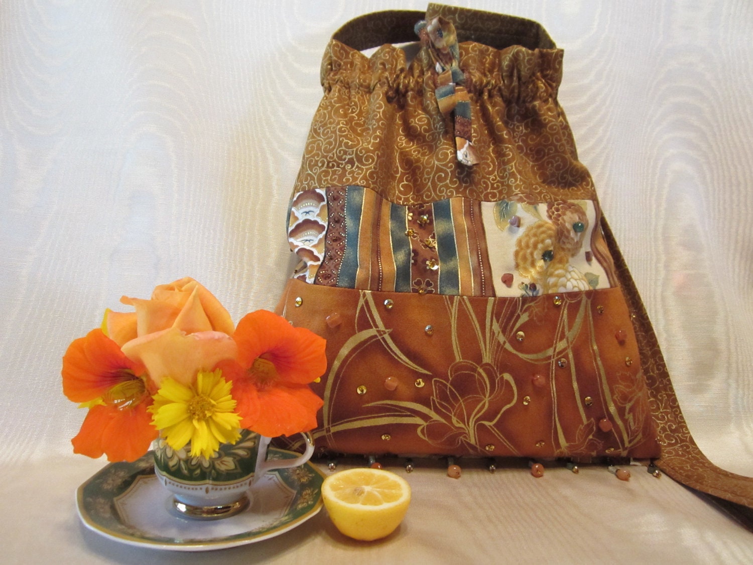 Handbag Tote Book Beach Sewing Ballerina Bag Handmade Floral Beaded Handcrafted Autumn Beauty