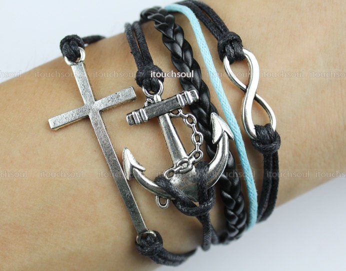 Infinity & Anchor Bracelet--antique silver anchor and infinity bracelet,cross bracelet ,black braid and black wax cords bracelet