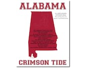 Crimson Tide Alabama State Map Sports Fight Song Art Print Gift Home Decor Wall Art