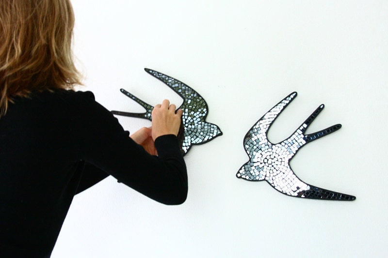 Pair swallows black mirror mosaic wall decor, gift for newlyweds, holiday gifts - LoveMosaicHomeDecor