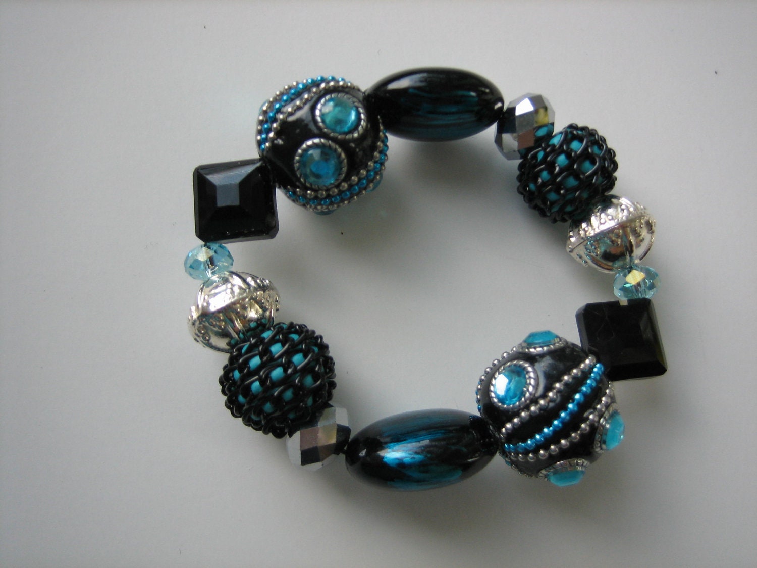 Gift for Her, Blue Black Womens Lampwork Chunky Stretch Bracelet, Ladies, Mom, Bohemian Beads, Faceted Silver, Blue Glass Beads, "Fantasy"