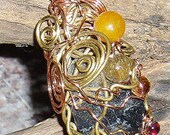 Natural smokey quartz crystal, wire wrapped with gemstones, Hand made, Unique.