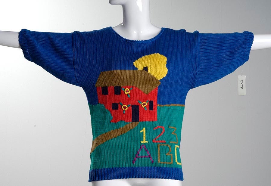 Vintage 80s ABC 123 Knit School Teacher Short Sleeve Sweater School House Elementary Kindergarten