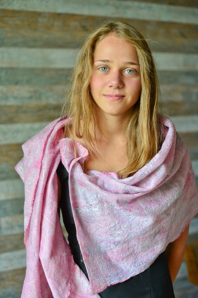 Pink  dreams. Women Felted Scarf Cobweb Felt Scarf Wrap Hand Dyed Merino Wool Silk Felt Scarves Elegant Handmade